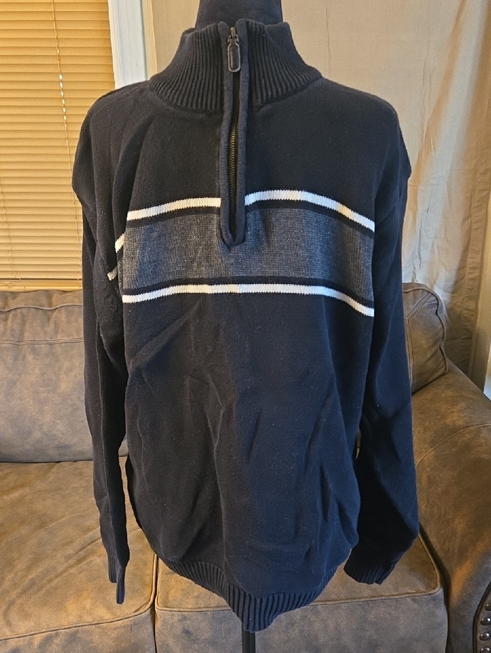 Oscar de la Renta Navy Half-Zip Sweater with Gray and White Stripes